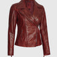 Women's Maroon Asymmetrical Biker Leather Jacket – Premium Outerwear - collar and zip close-up