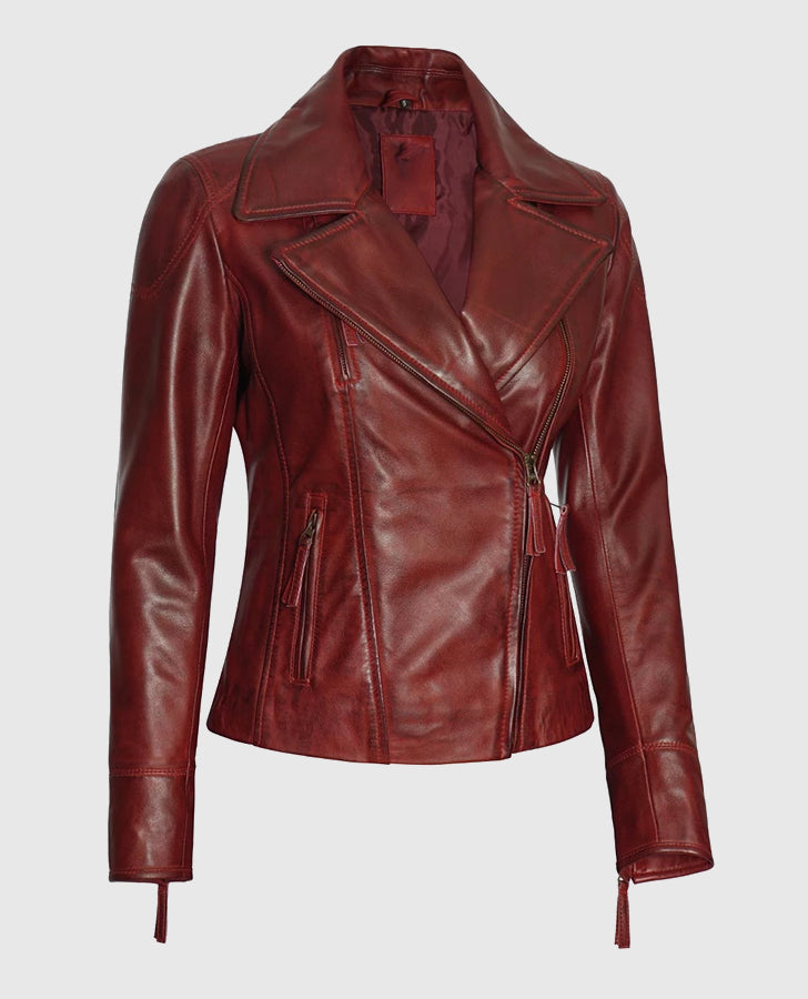 Women's Maroon Asymmetrical Biker Leather Jacket – Premium Outerwear - collar and zip close-up