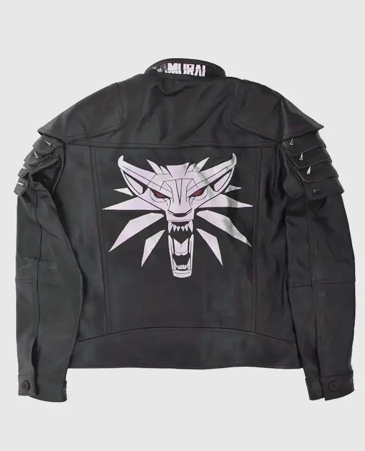 Cyberpunk 2077 Samurai Wolf School Black Leather Jacket for Men - side angle view