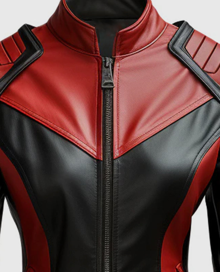 Italian Women's Vegan Red & Black Leather Jacket | Genuine Leather - collar and zip close-up