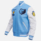 NBA Memphis Grizzlies Men's Rib Blue & White Wool Varsity Jacket - collar and zip close-up