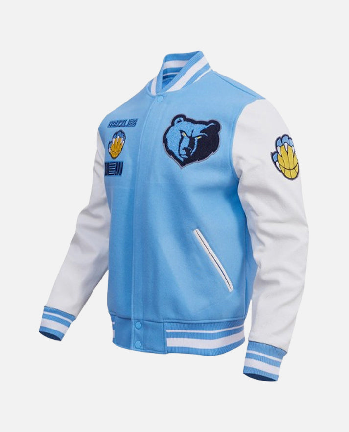 NBA Memphis Grizzlies Men's Rib Blue & White Wool Varsity Jacket - collar and zip close-up