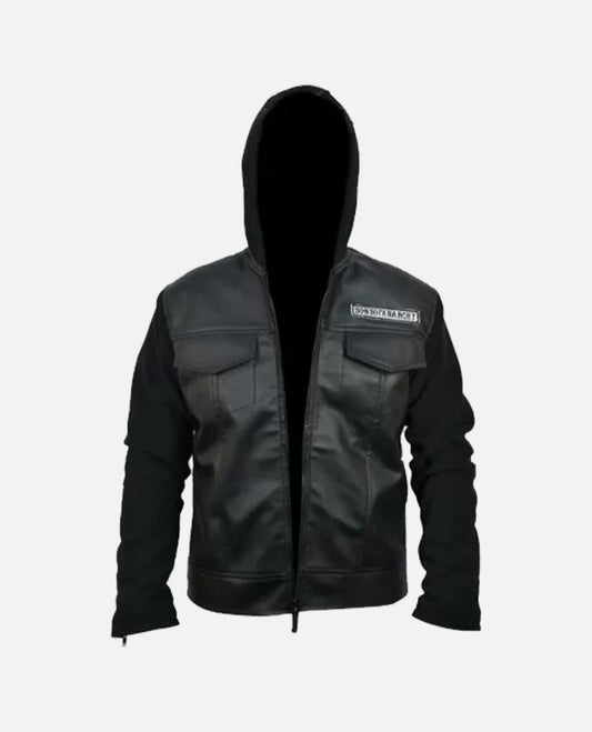 Sons of Anarchy Black Leather Hooded Jacket with Hoodie for Men - side angle view