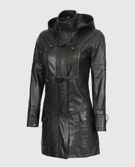 Women's Black Slim Fit Hooded Leather Coat – Premium Outerwear - inner lining view