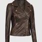Women's Brown Rub-off Vintage Leather Biker Jacket - collar and zip close-up