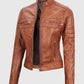 Women's Tan Cafe Racer Leather Jacket – Premium Outerwear - collar and zip close-up