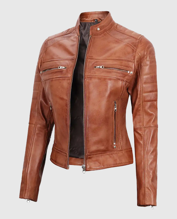 Women's Tan Cafe Racer Leather Jacket – Premium Outerwear - collar and zip close-up