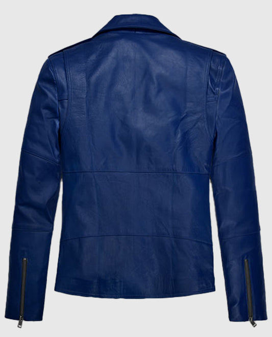 Antonio Banderas Blue Leather Biker Jacket for Men - side angle view