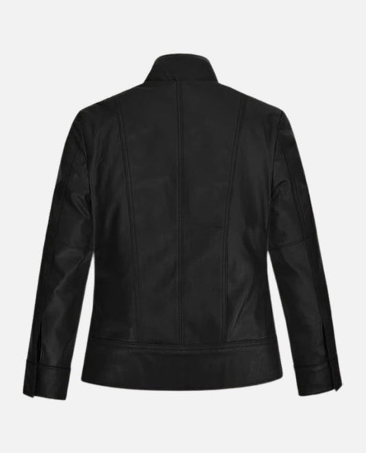 The Bricklayer Nina Dobrev Black Leather Biker Jacket for Women - side angle view
