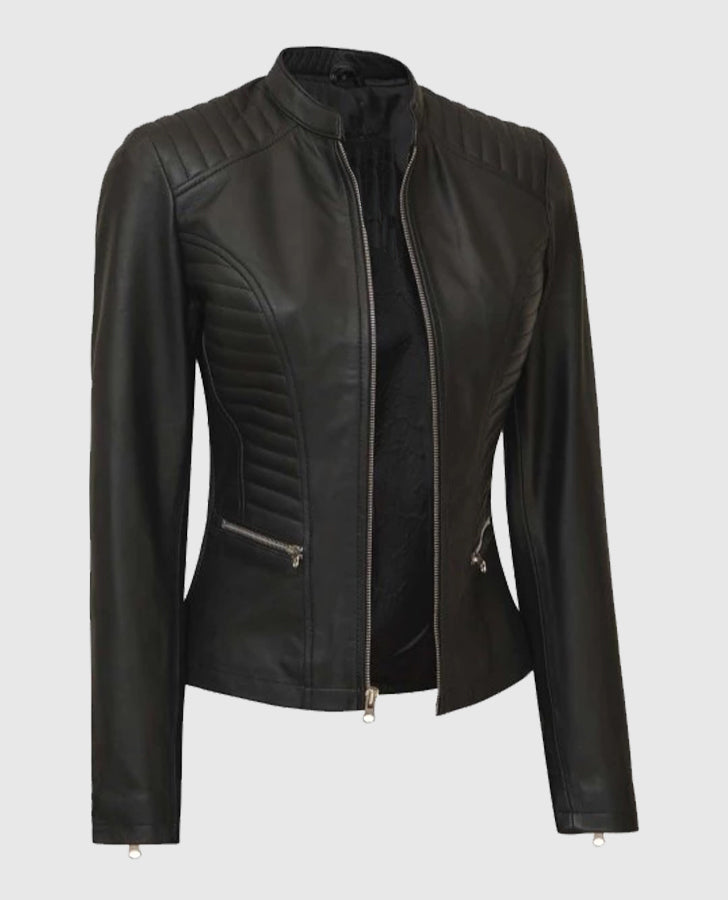 Women's Rachel Petite Black Cafe Racer Leather Jacket - inner lining view