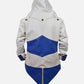 Assassins Creed 3 White and Blue Hooded Leather Jacket for Men - model wearing the jacket