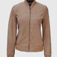 Women's Camel Tan Suede Bomber Jacket – Custom Fit - collar and zip close-up
