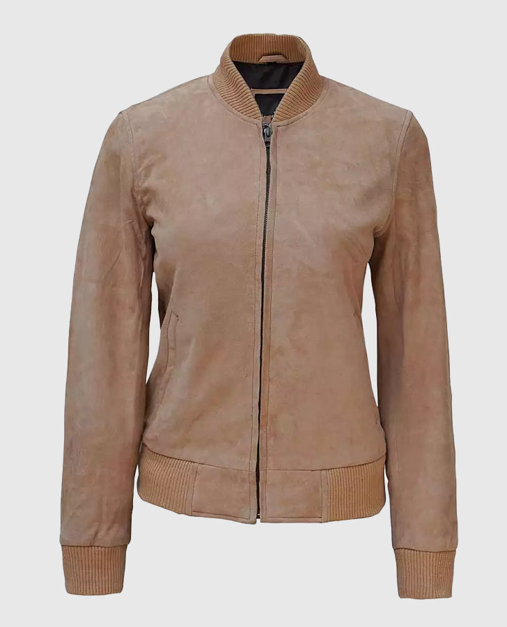 Women's Camel Tan Suede Bomber Jacket – Custom Fit - collar and zip close-up