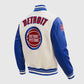 NBA Detroit Pistons Men's Blue Varsity Leather Jacket - collar and zip close-up