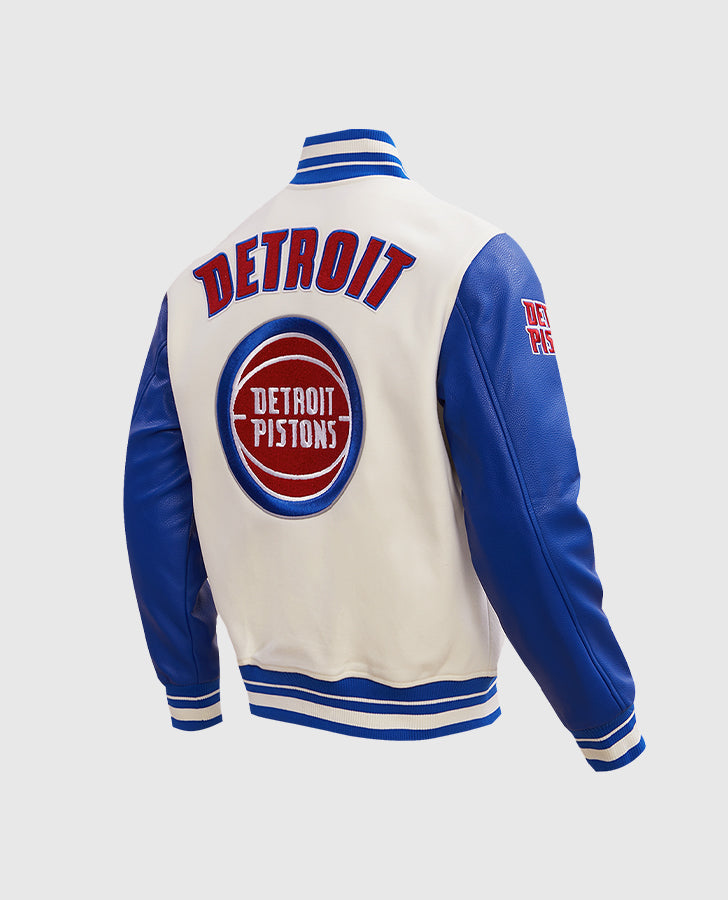 NBA Detroit Pistons Men's Blue Varsity Leather Jacket - collar and zip close-up
