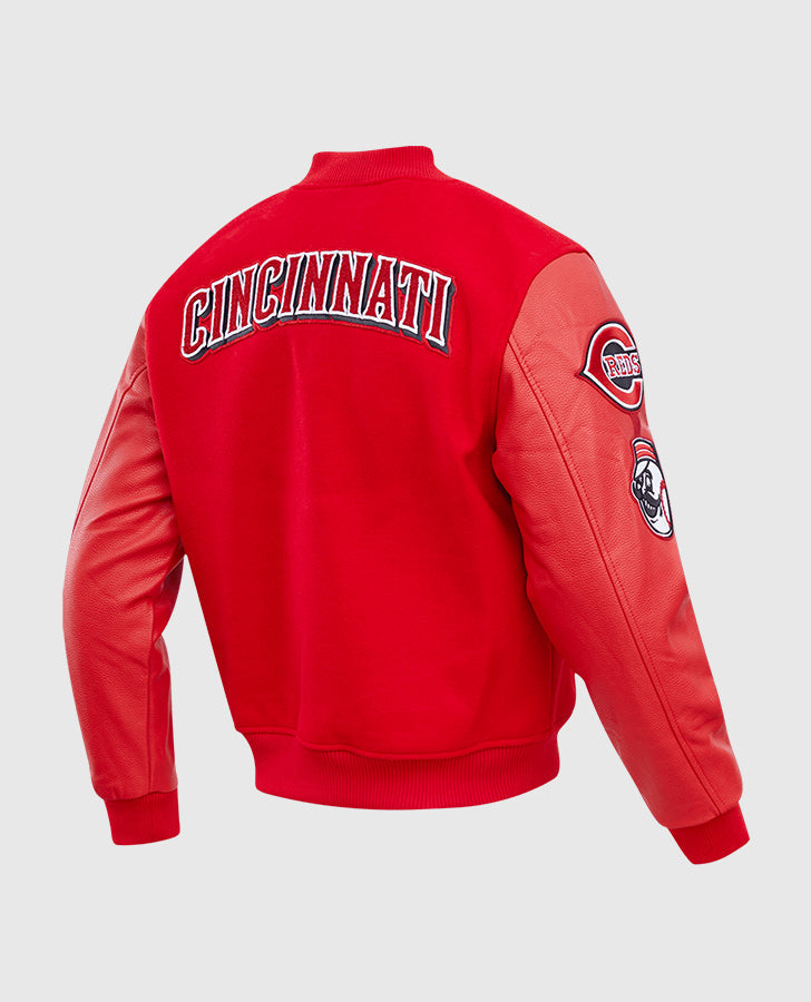 MLB Cincinnati Reds Men's Red Varsity Leather Jacket - collar and zip close-up
