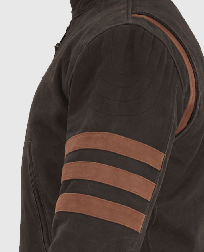 X - Men Origins Wolverine Brown Leather Suede Jacket for Men - collar and zip close-up