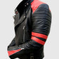 Men's Vintage Red Stripes Motorcycle Leather Jacket - collar and zip close-up