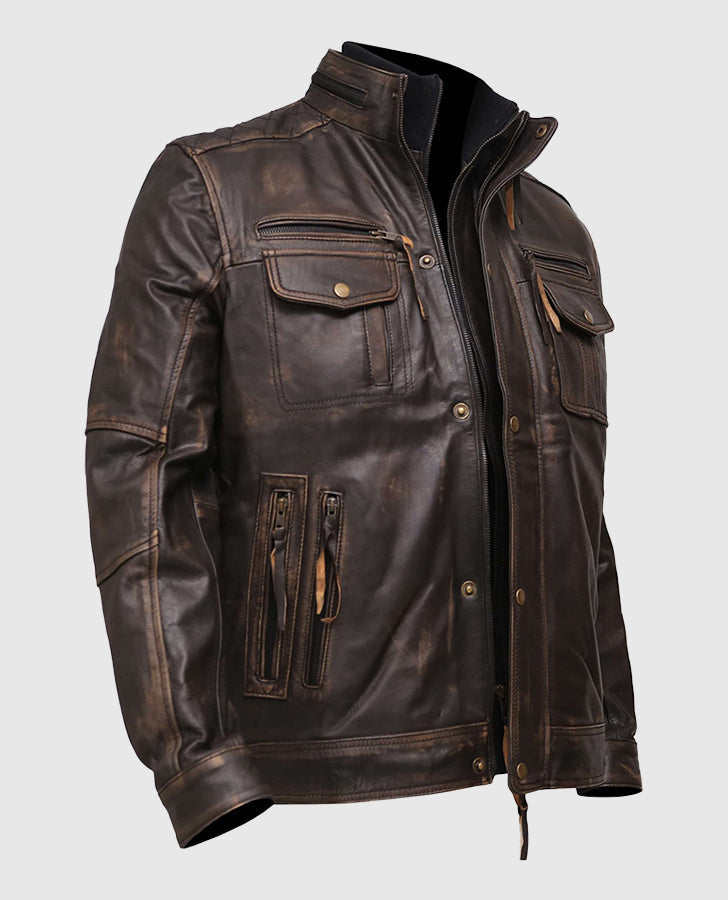Men's Cafe Racer Vintage Distressed Leather Jacket - side angle view