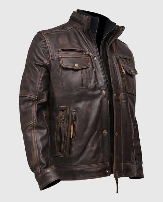 Men's Cafe Racer Vintage Distressed Leather Jacket - side angle view