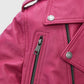Jessica Alba Pink Leather Biker Jacket for Women – Custom Fit - collar and zip close-up
