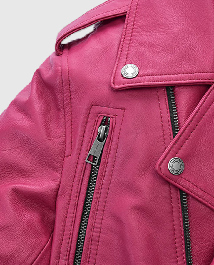 Jessica Alba Pink Leather Biker Jacket for Women – Custom Fit - collar and zip close-up