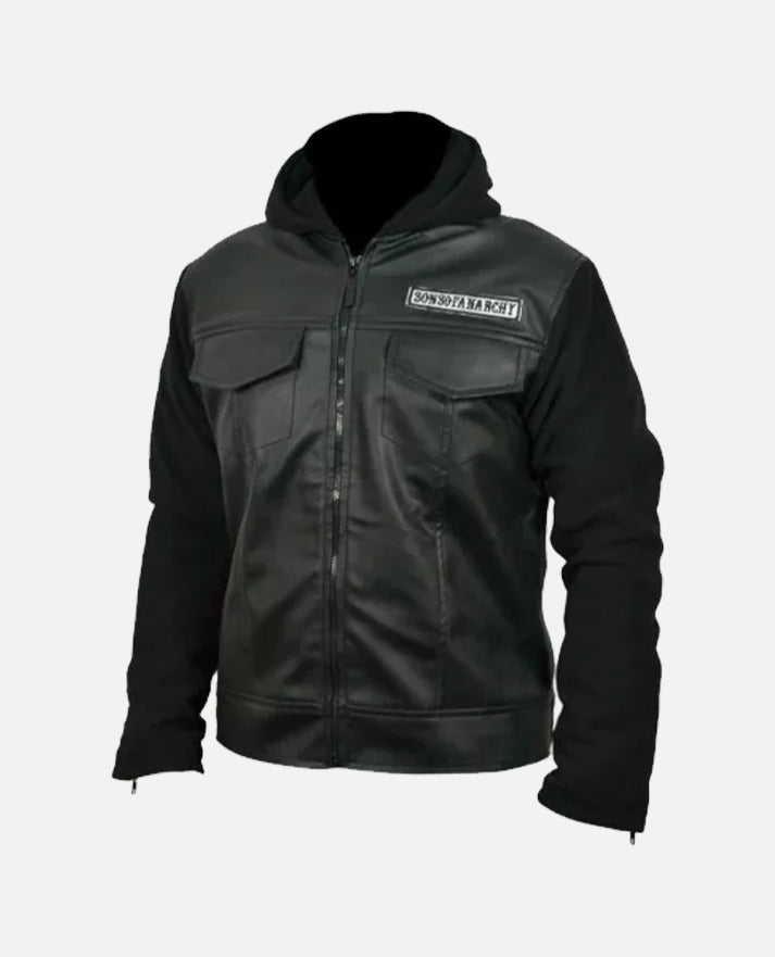 Sons of Anarchy Black Leather Hooded Jacket with Hoodie for Men - collar and zip close-up
