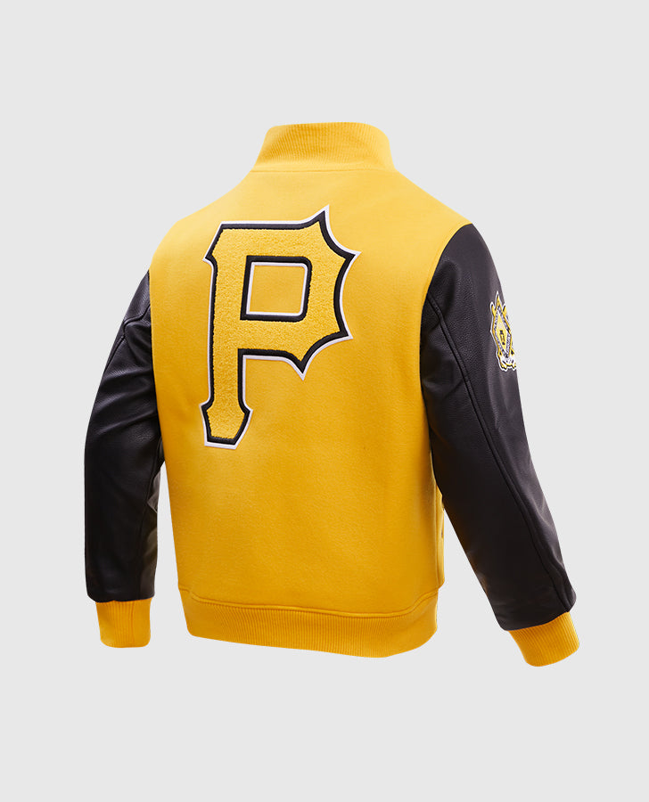 MLB Pittsburgh Pirates Men's Yellow Varsity Leather Jacket - collar and zip close-up