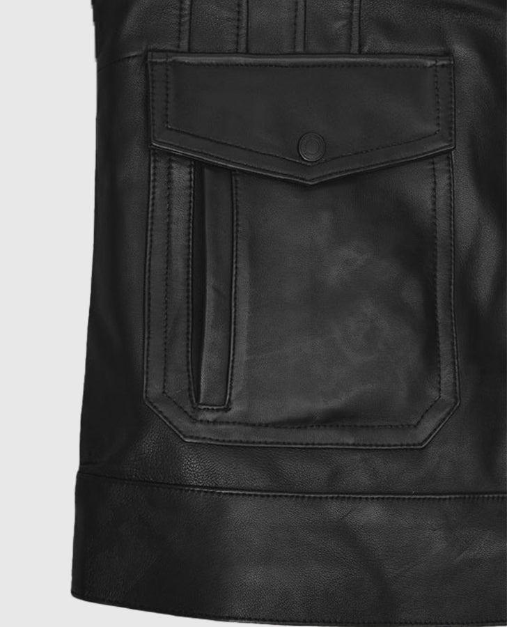 Aaron Taylor Johnson Black Leather Jacket for Men | Genuine Leather - collar and zip close-up