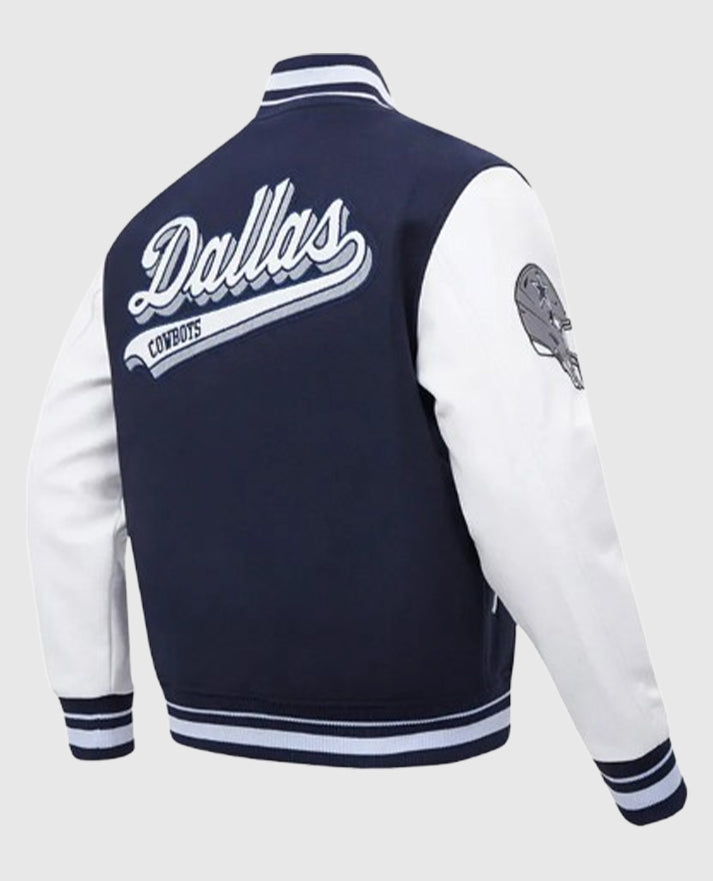Dallas Cowboys Script Tail Classic Rib Varsity Jacket - collar and front closure detail
