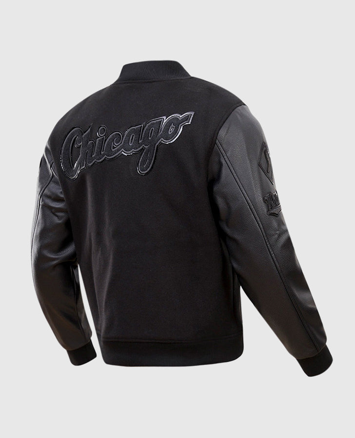 MLB Chicago White Sox Black Men's Varsity Leather Jacket - collar and zip close-up