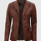 Women's Brown Two Button Leather Blazer Jacket – Premium Outerwear - side angle view