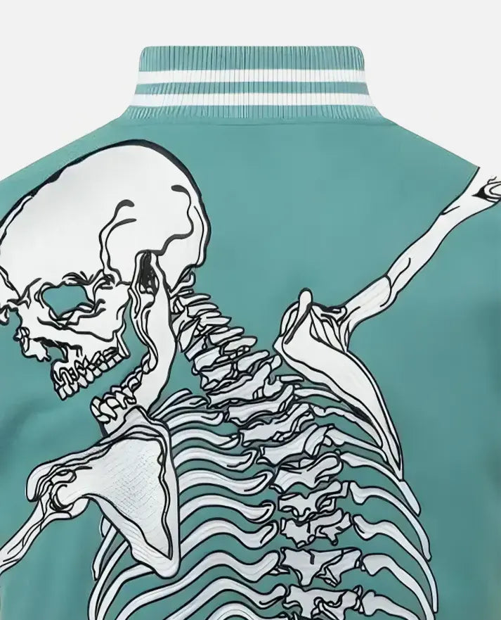 Men's Rod Godspeed Skull Mint White Varsity Leather Jacket - collar and zip close-up