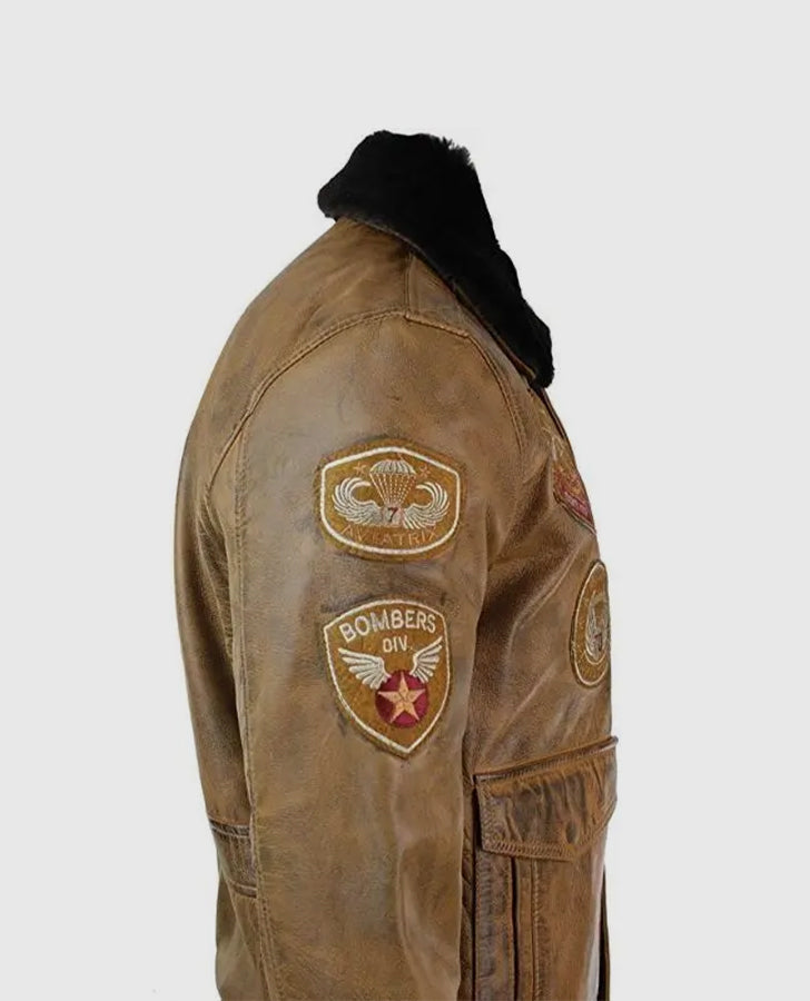 Men's Aviator Fur Brown Bomber Leather Jacket – Custom Fit - collar and zip close-up