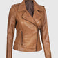 Kirsten Women's Asymmetrical Camel Brown Real Tan Leather Biker Jacket - collar and zip close-up