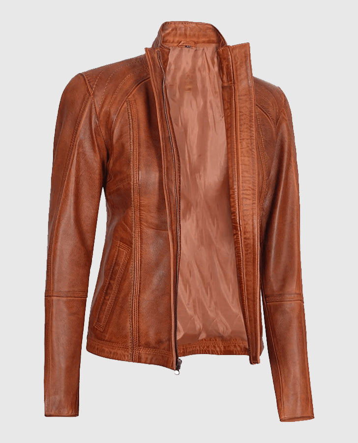 Women's Acerra Real Cognac Brown Leather Jacket – Custom Fit - model wearing the jacket
