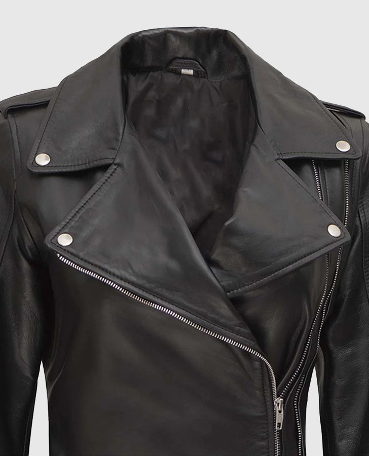 Women's Black Asymmetrical Leather Biker Jacket – Custom Fit - side angle view
