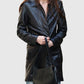 Materialists Dakota Johnson Black Leather Coat for Women - collar and zip close-up