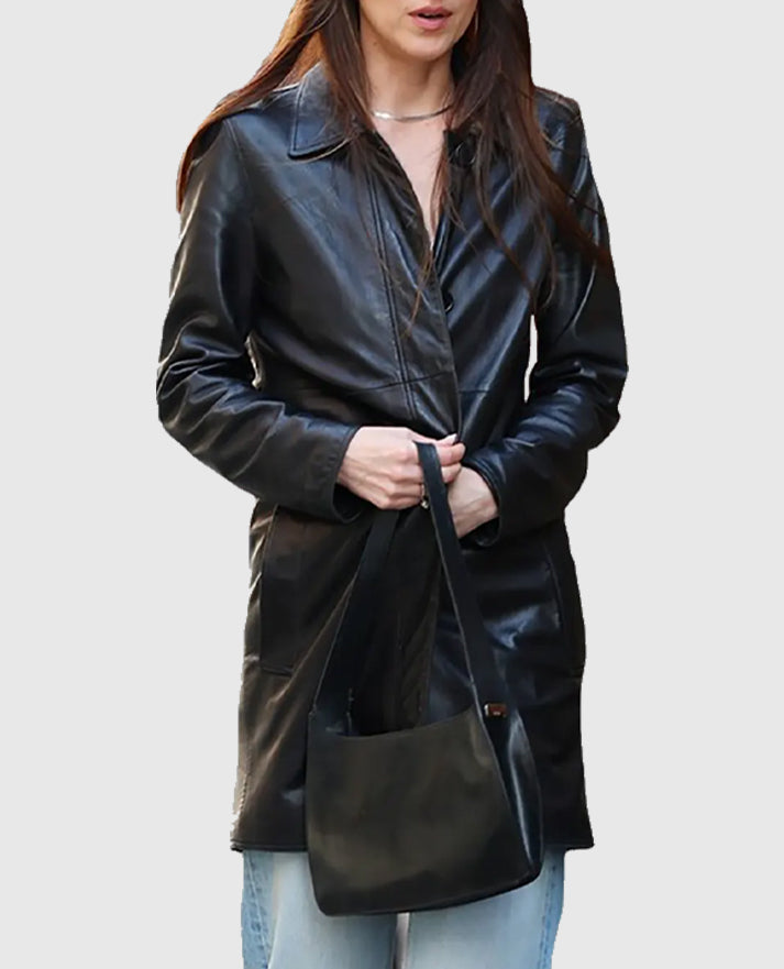 Materialists Dakota Johnson Black Leather Coat for Women - collar and zip close-up