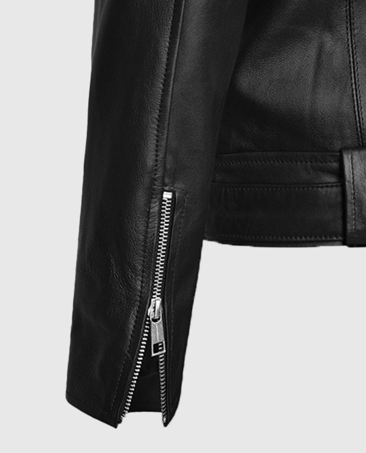 Jeffrey Dean Morgan the Walking Dead Black Biker Leather Jacket - collar and zip close-up