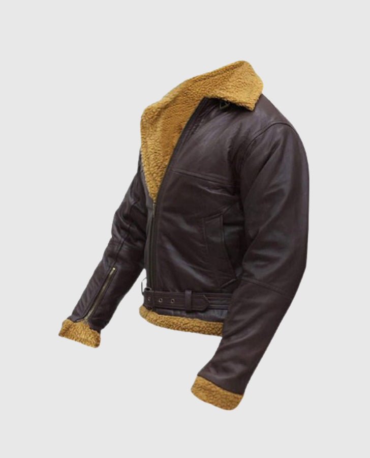 Men's B3 Flying Aviator Pilot Shearling Brown Leather Jacket - collar and zip close-up