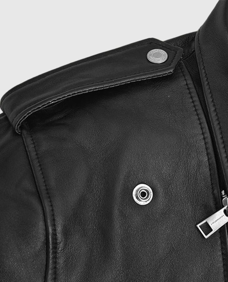 Bruno Mars Black Leather Biker Jacket for Men – Premium Outerwear - collar and zip close-up