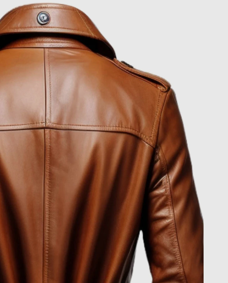 Men's Vintage Tan Brown Long Leather Coat – Custom Fit - inner lining view