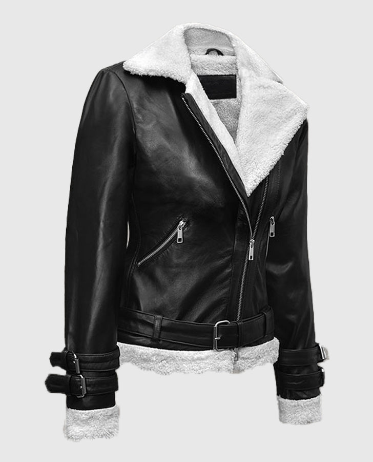 Rita Ora Black Leather Biker Jacket for Women – Custom Fit - collar and zip close-up