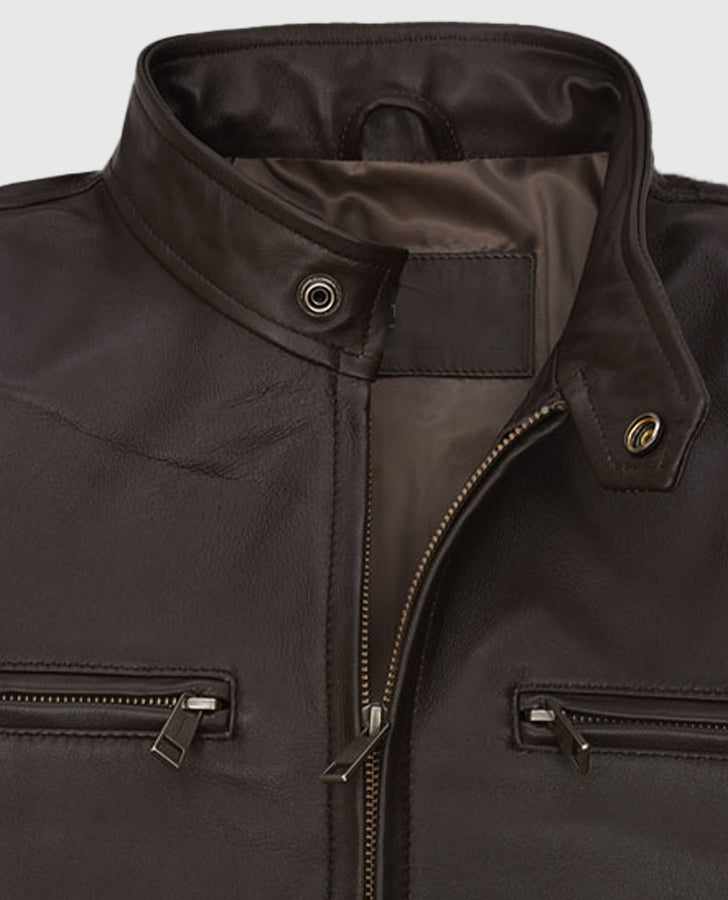 Chicago PD Hank Voight Brown Leather Jacket for Men - collar and zip close-up