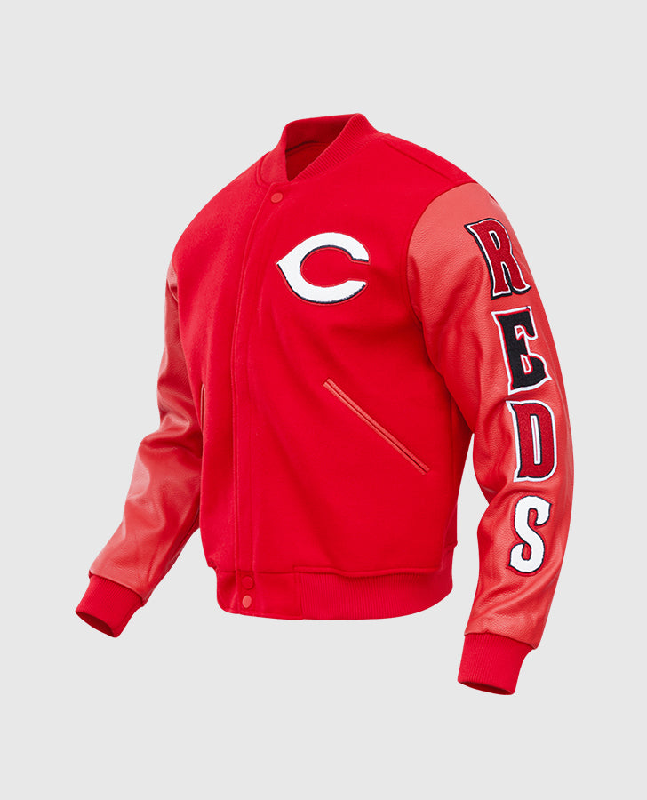 MLB Cincinnati Reds Men's Red Varsity Leather Jacket - side angle view