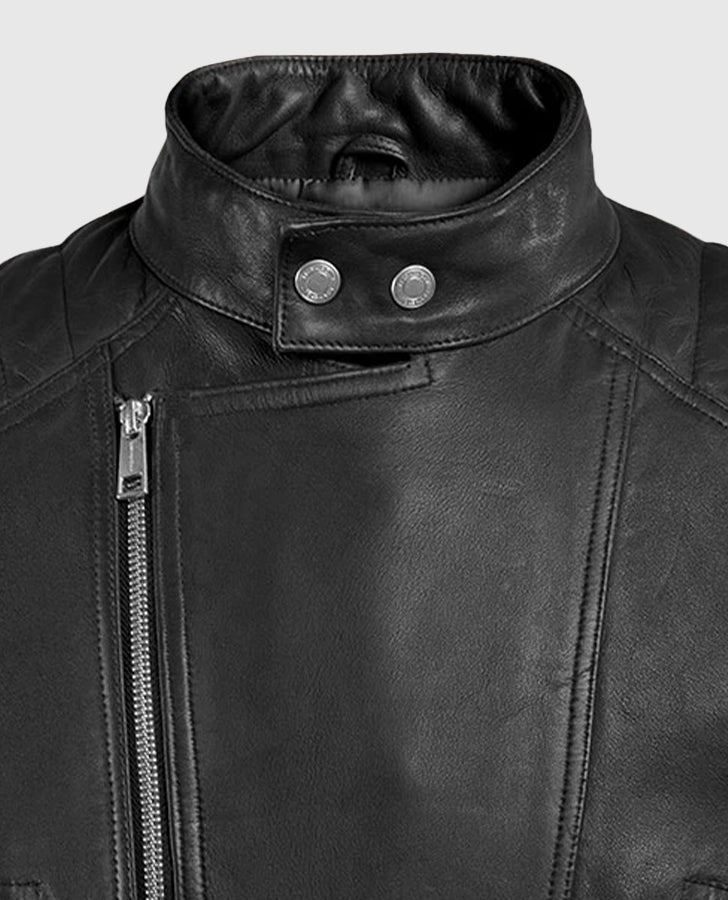 Shotgun Black Moto Leather Jacket for Men – Custom Fit - collar and zip close-up