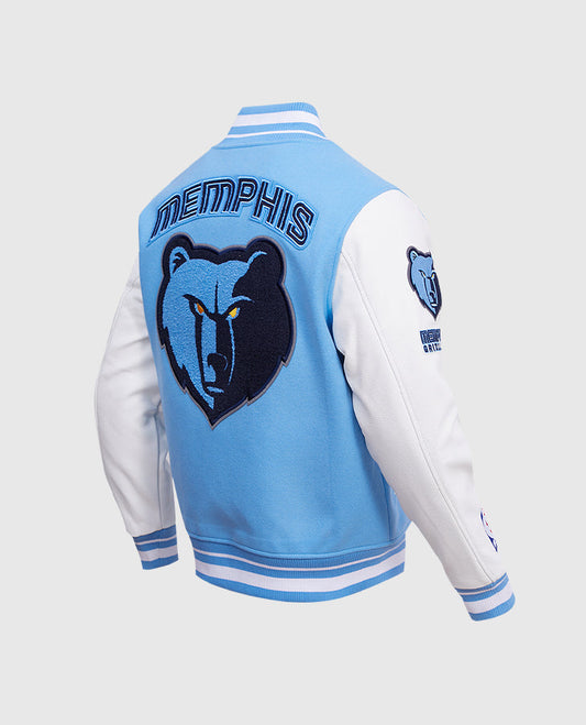 NBA Memphis Grizzlies Men's Rib Blue & White Wool Varsity Jacket - side angle view