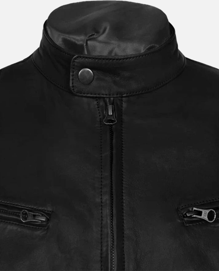Men's Black Slimfit Cafe Racer Leather Jacket – Premium Outerwear - inner lining view