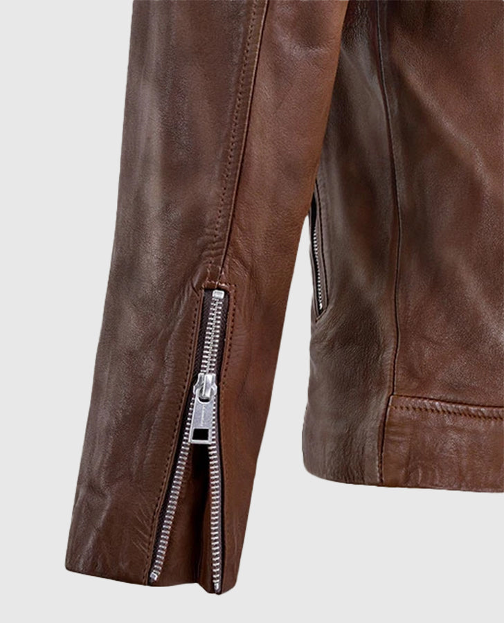 Men's Beast Spanish Brown Biker Leather Jackets Jacket - collar and zip close-up
